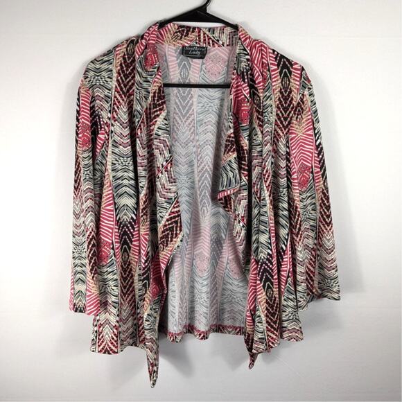 Southern Lady L Open Front Cardigan Pink Black Geometric Print Lightweight Top - Picture 1 of 4